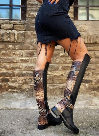 SNAKE PRINT HIGH BOOTS WITH BELTS - BLACK/BROWN