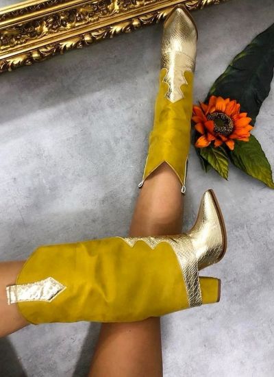 CROC PRINT COW GIRL BOOTS ON THICK HEEL  - OCHRE /GOLD
