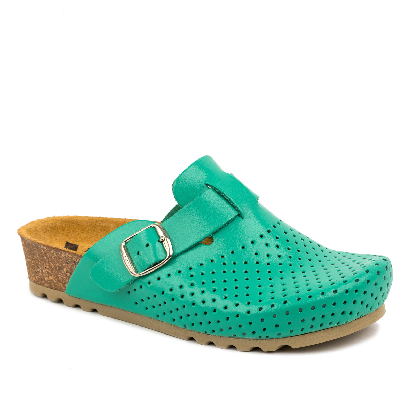 LEATHER ANATOMIC CLOGS WITH VELCRO BAND - GREEN