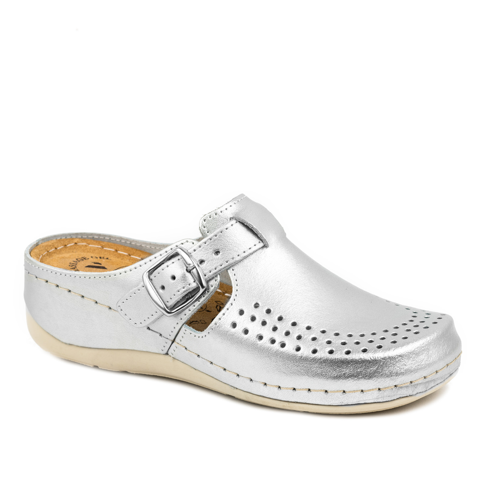 HIGH SOLE ANATOMIC LEATHER CLOGS  - SILVER