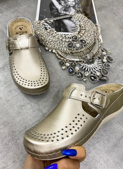 HIGH SOLE ANATOMIC LEATHER CLOGS  - GOLD