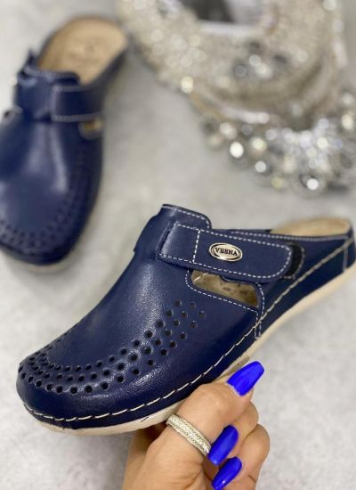 ANATOMIC LEATHER CLOGS WITH VELCRO BAND - NAVY BLUE