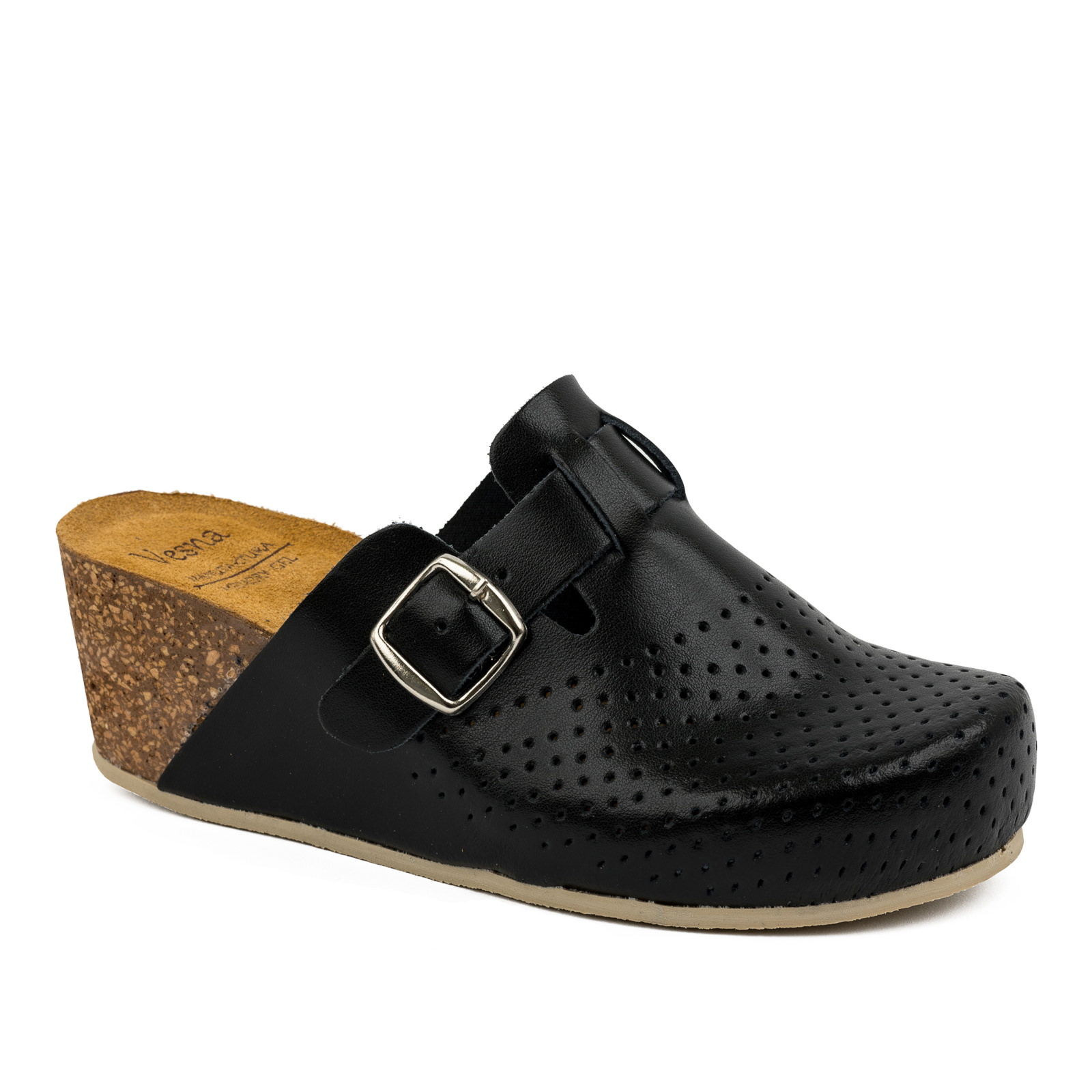 ANATOMIC LEATHER CLOGS WITH BELT AND HIGH SOLE  - BLACK