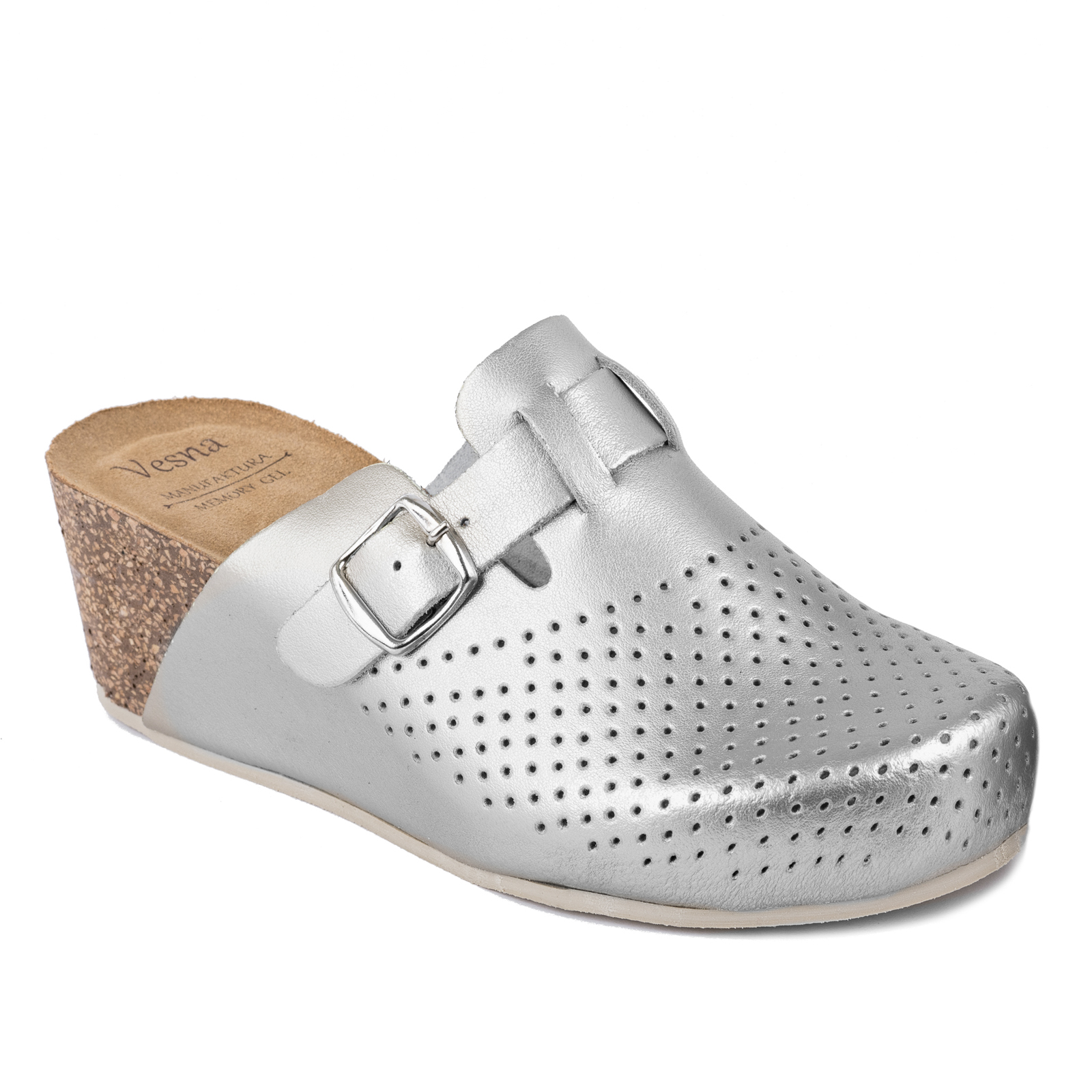 ANATOMIC LEATHER CLOGS WITH BELT AND HIGH SOLE  - SILVER