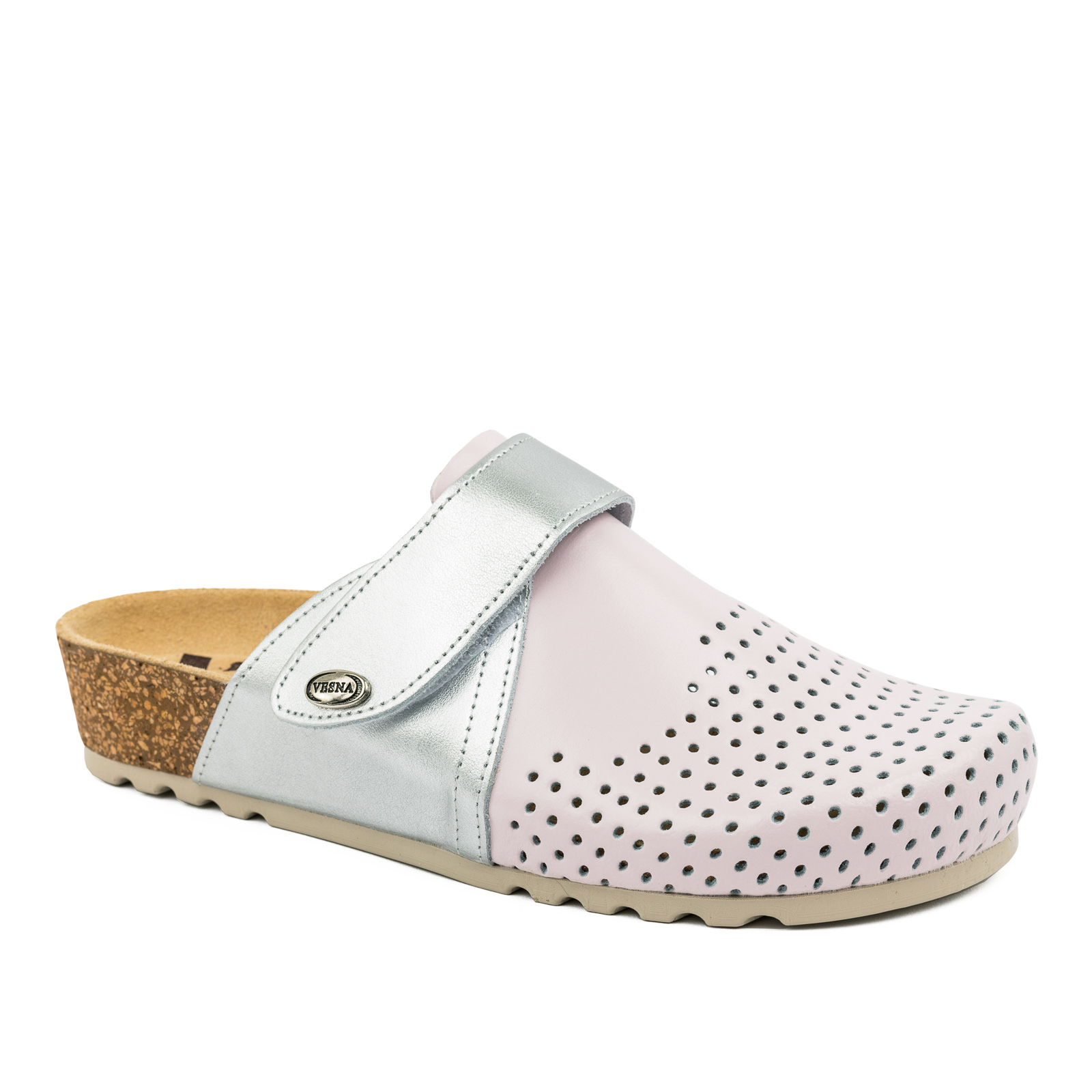 ANATOMIC LEATHER CLOGS WITH VELCRO BAND - SILVER/ROSE