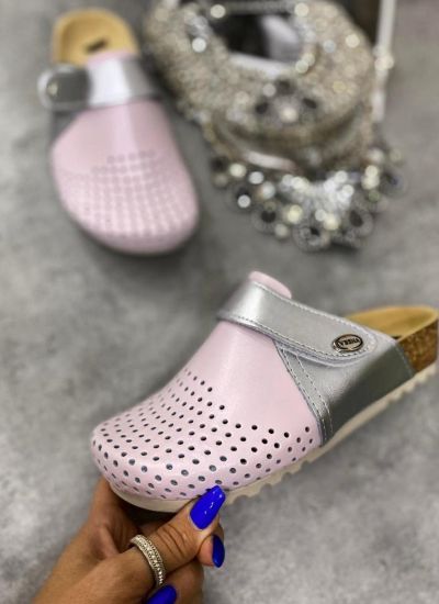 ANATOMIC LEATHER CLOGS WITH VELCRO BAND - SILVER/ROSE