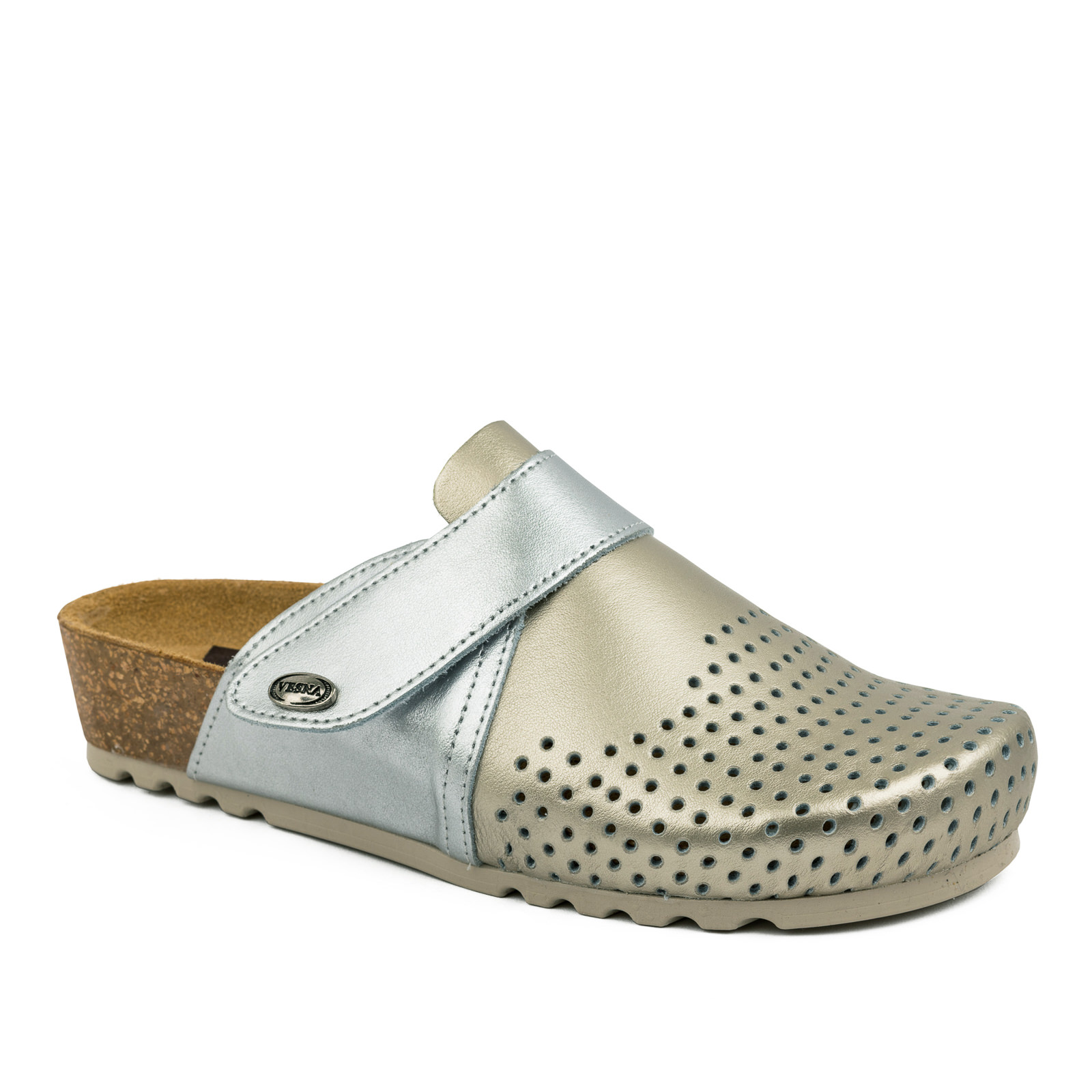ANATOMIC LEATHER CLOGS WITH VELCRO BAND - SILVER/GOLD