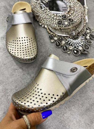ANATOMIC LEATHER CLOGS WITH VELCRO BAND - SILVER/GOLD