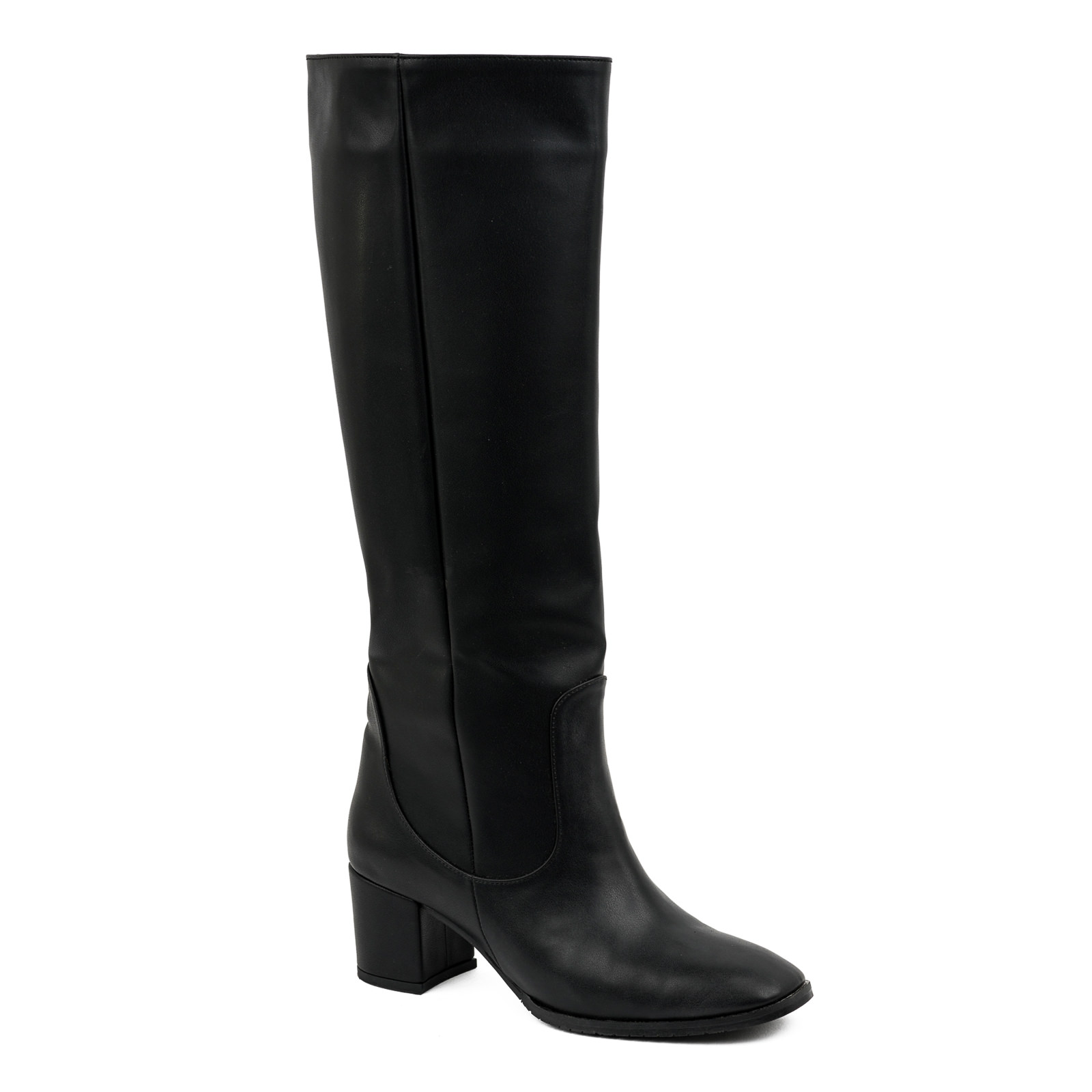 PULL ON KNEE HIGH BOOTS CHUNKY HEEL BOOTS - BLACK