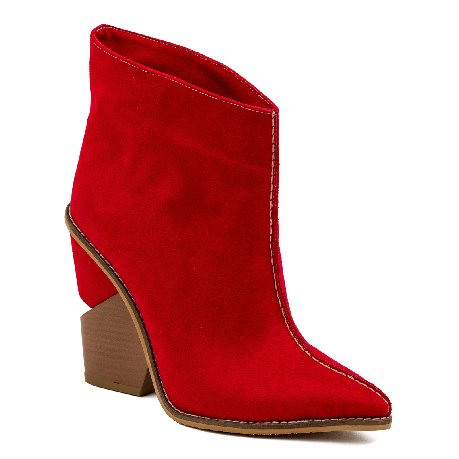VELOUR POINTED ANKLE BOOTS BLOCK HEEL -  RED