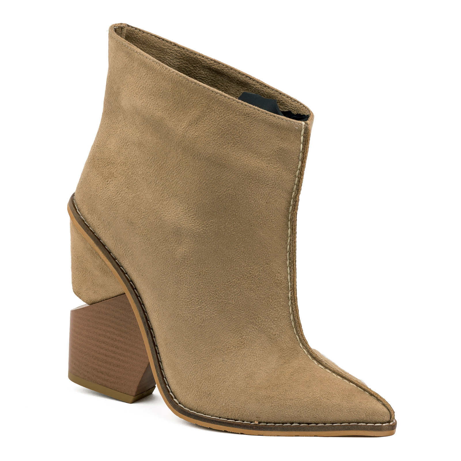 VELOUR POINTED ANKLE BOOTS BLOCK HEEL -  BEIGE