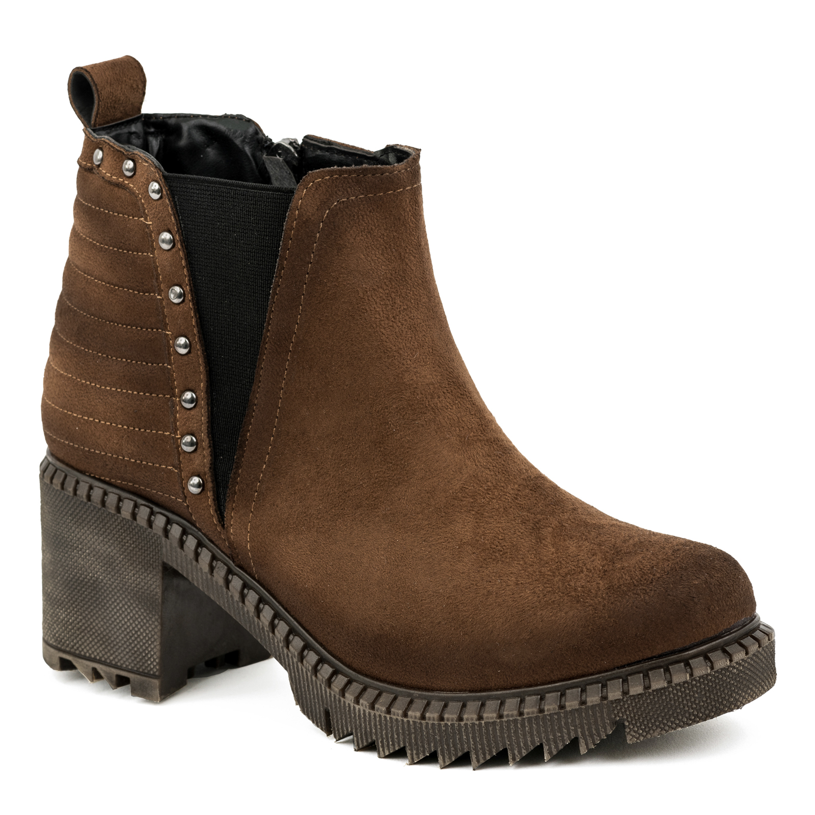 VELOUR ANKLE BOOTS WITH LOW BLOCK HEEL AND RIVETS - BROWN