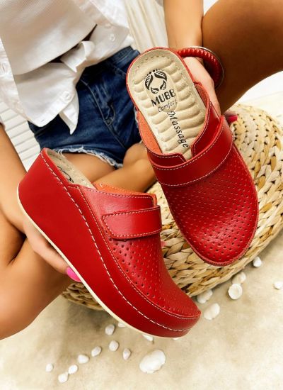 HIGH LEATHER CLOGS WITH VELCRO BAND - RED