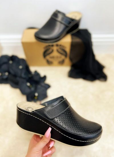 HIGH LEATHER CLOGS WITH VELCRO BAND - BLACK