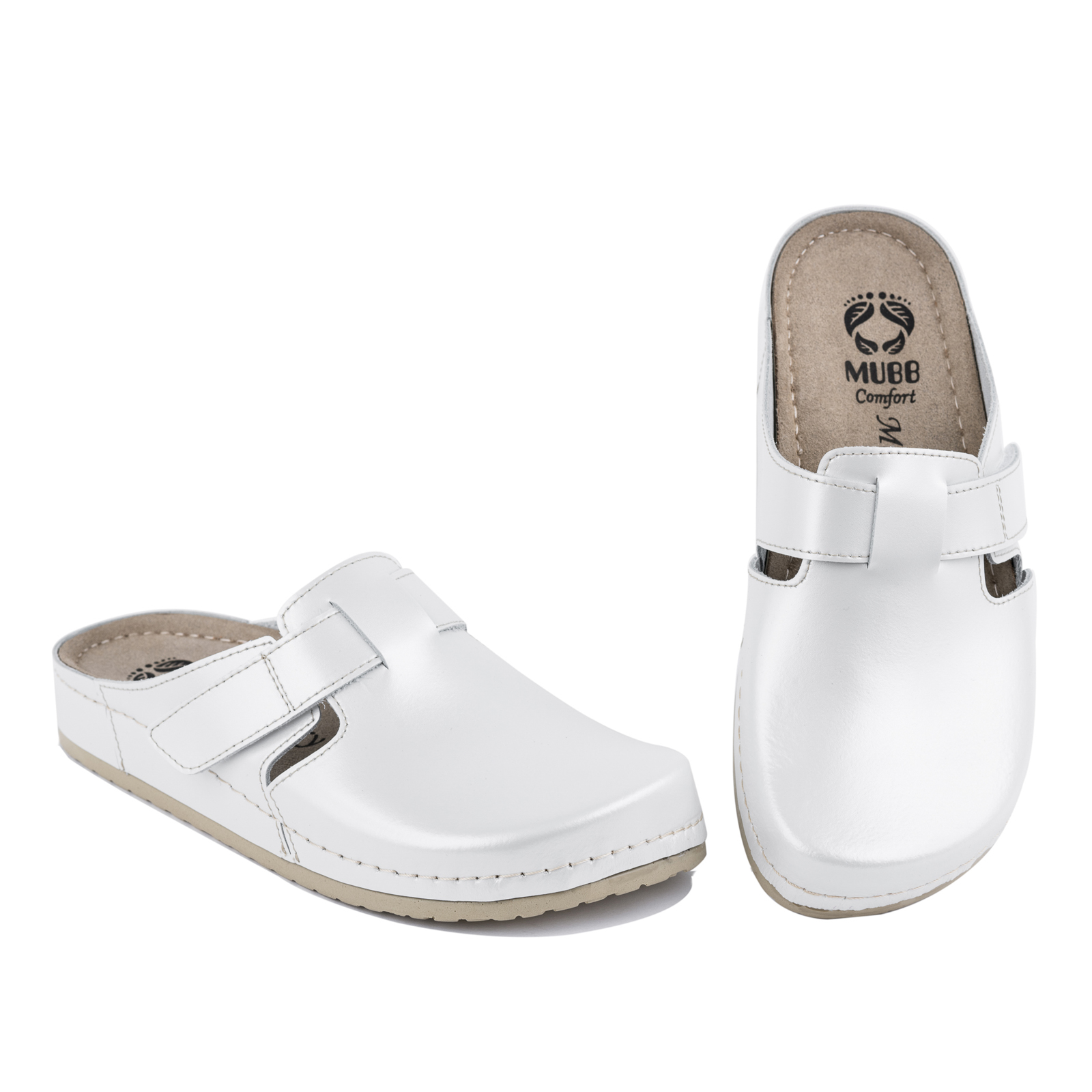 ANATOMIC LEATHER  CLOGS WITH VELCRO BAND - PEARL WHITE