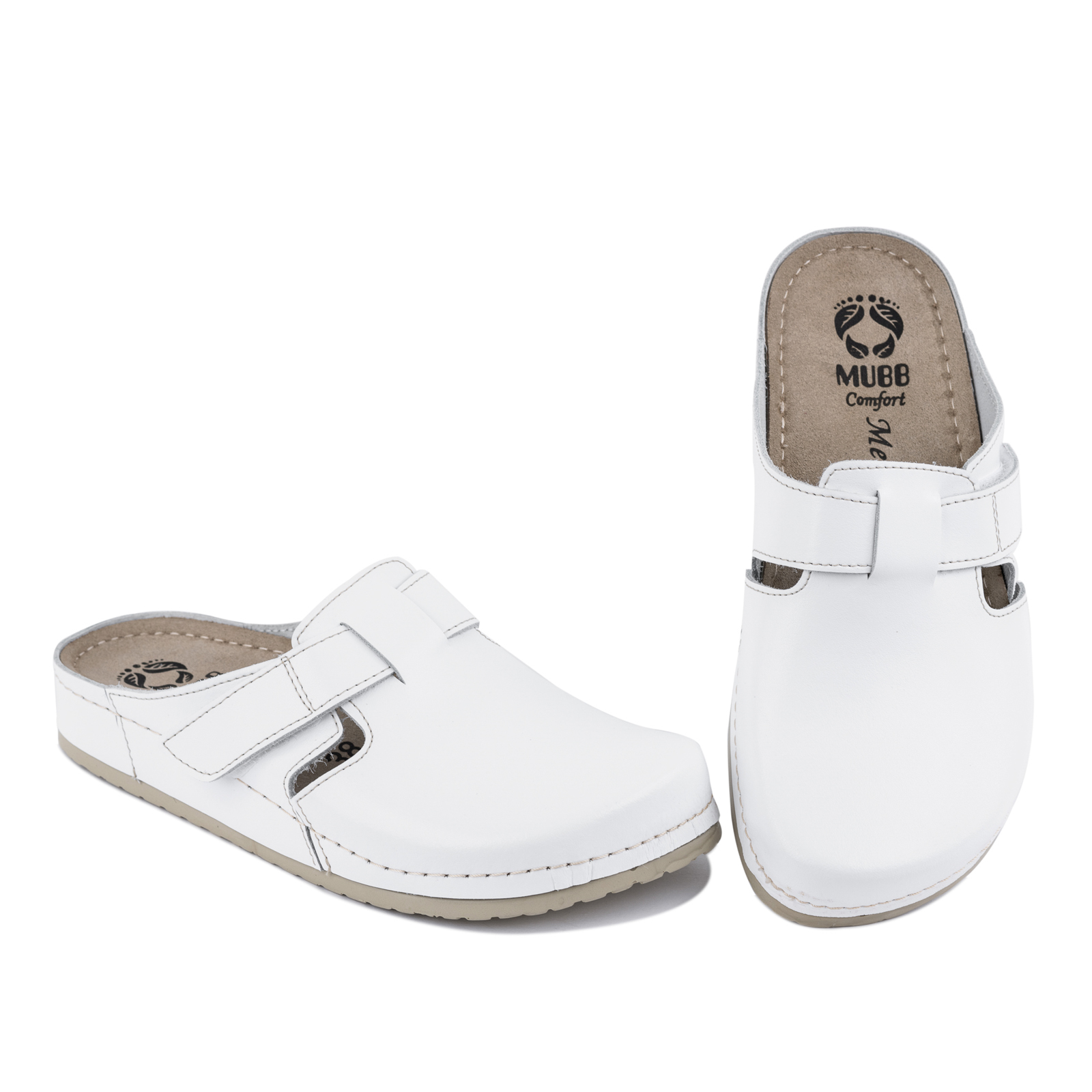 ANATOMIC LEATHER  CLOGS WITH VELCRO BAND - WHITE