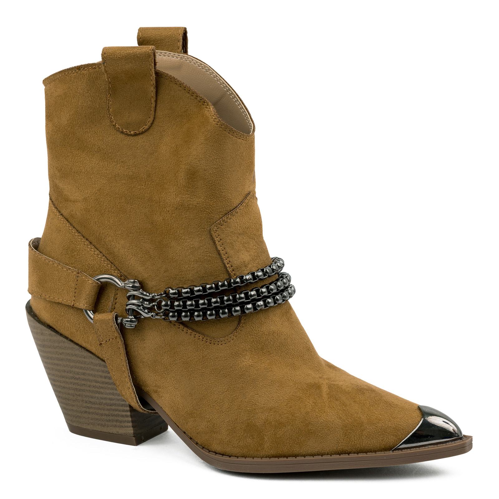 VELOUR SPIKE COW GIRL WITH THICK HEEL AND CHAIN - BROWN