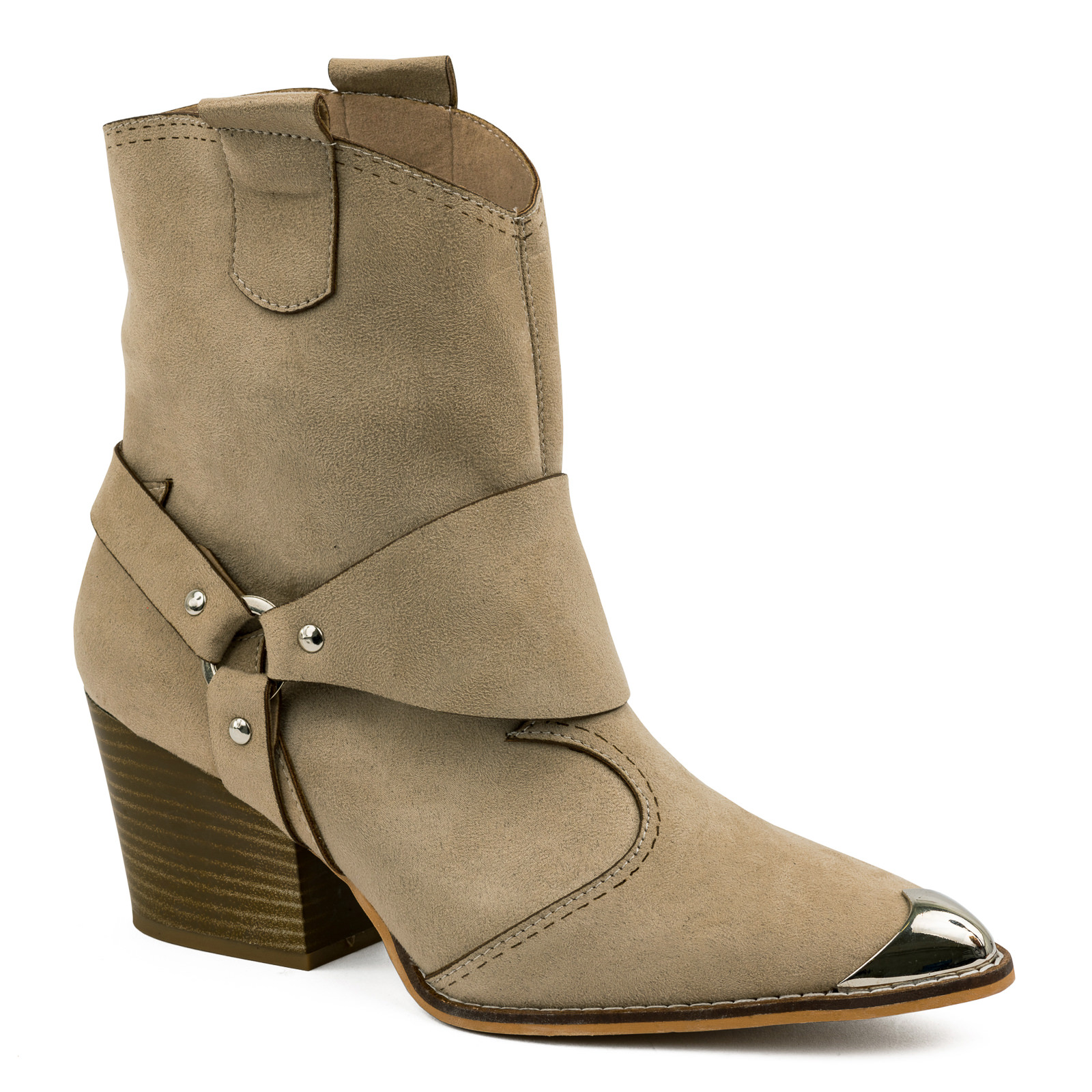 VELOUR SPIKE COW GIRL WITH THICK HEEL AND RIVETS - BEIGE