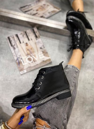 PATENT LACE UP ANKLE BOOTS -  BLACK
