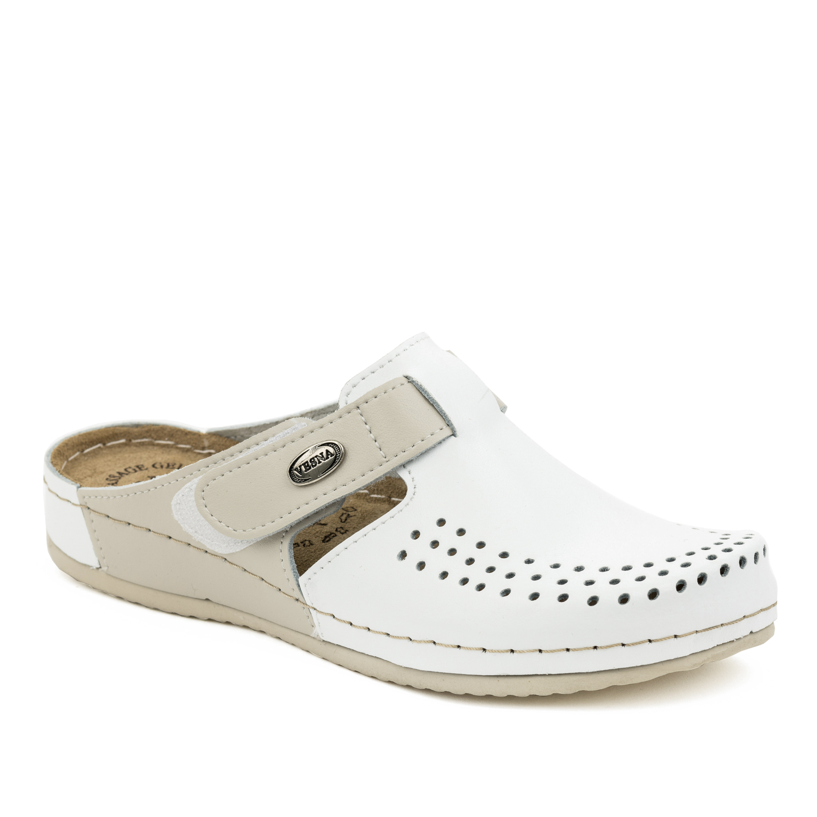 ANATOMIC LEATHER  CLOGS WITH VELCRO BAND - BEIGE/WHITE