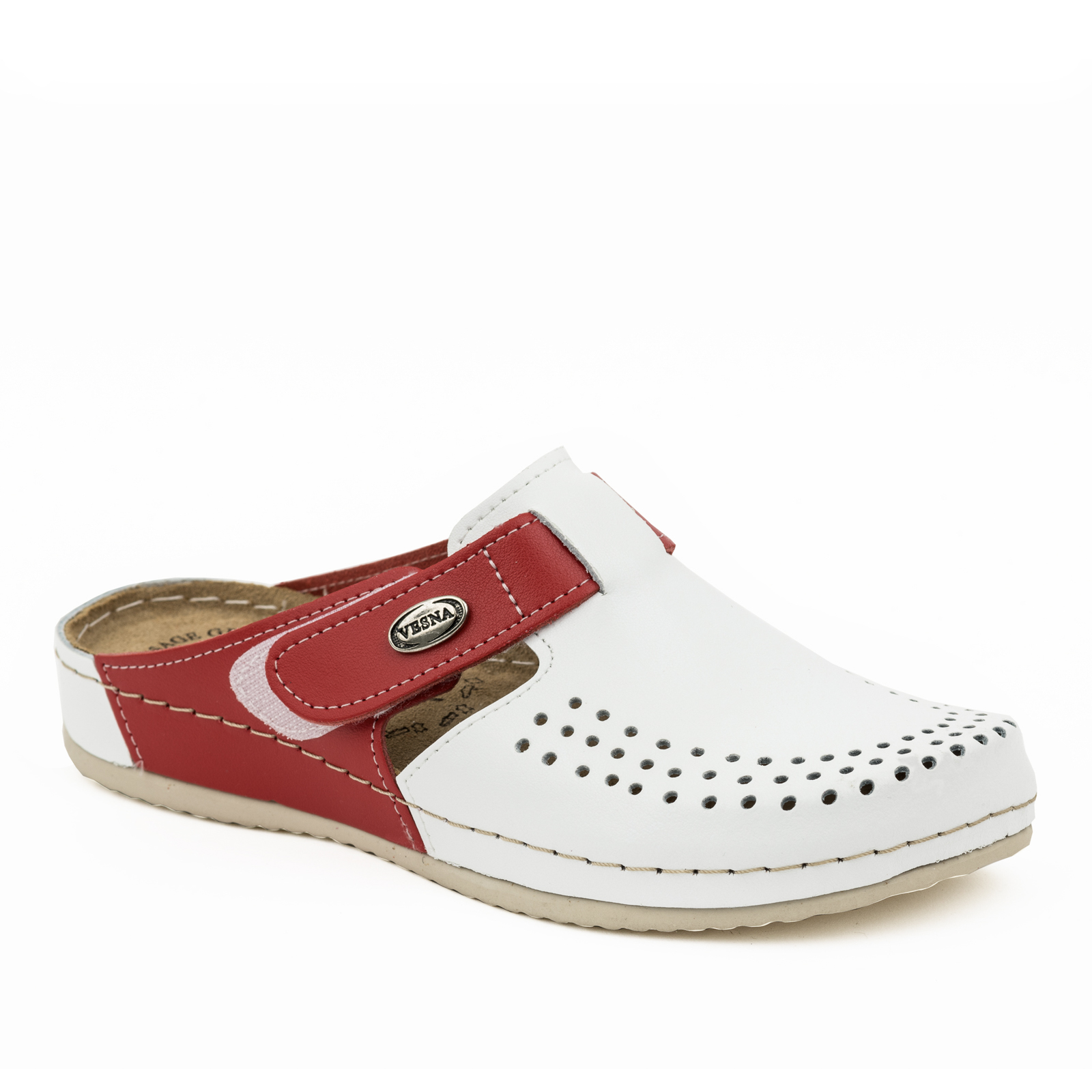 ANATOMIC LEATHER  CLOGS WITH VELCRO BAND - RED/WHITE