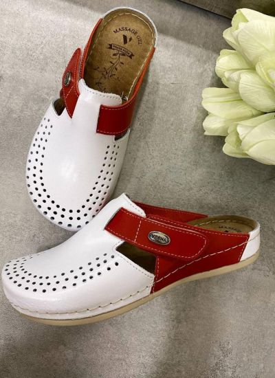 ANATOMIC LEATHER  CLOGS WITH VELCRO BAND - RED/WHITE