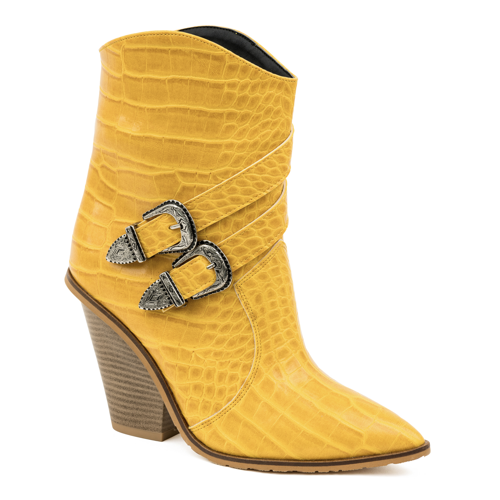 CROC POINTED COWGIRL BOOTS WITH BLOCK HEEL - YELLOW