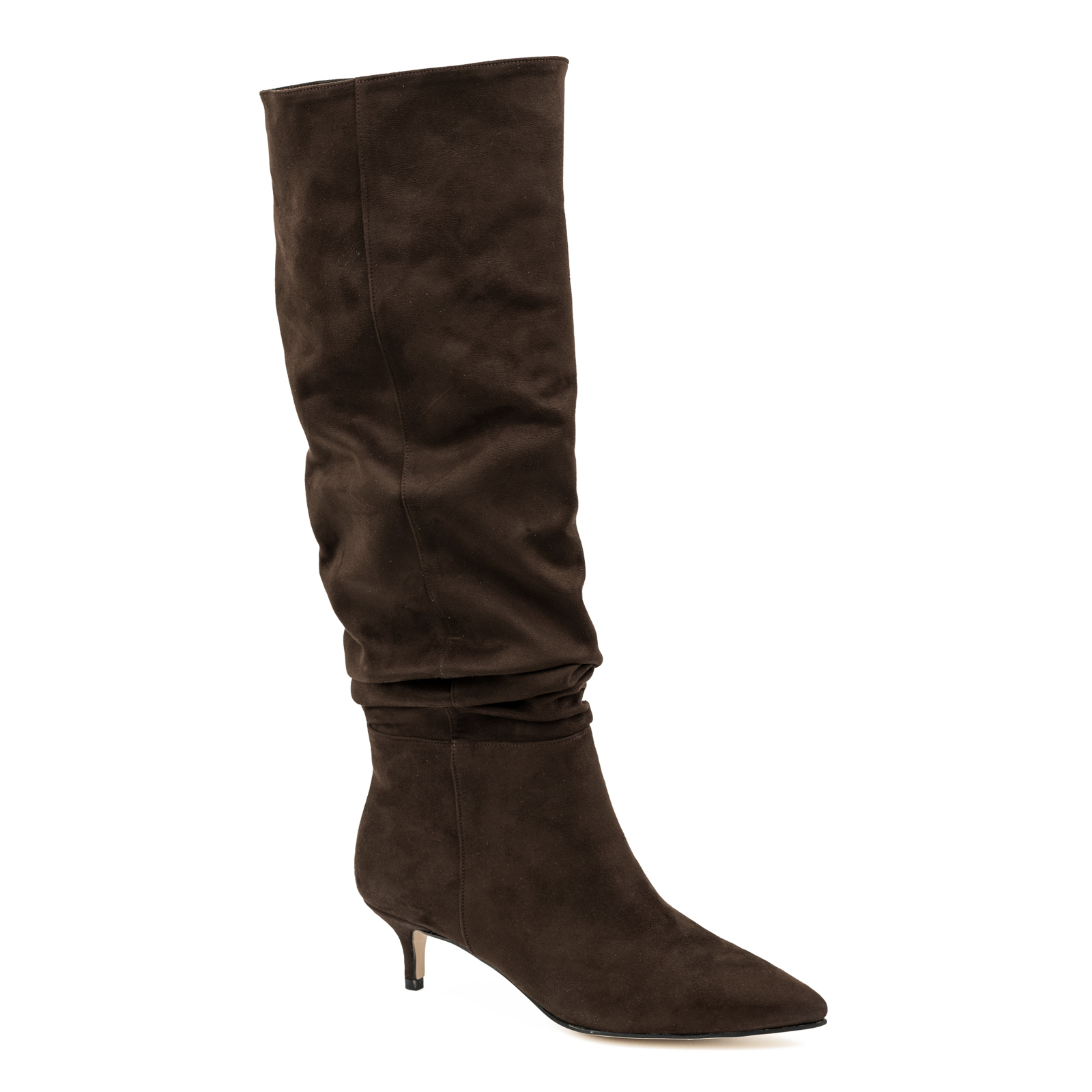 VELOUR WRINKLED SPIKE BOOTS WITH THIN HEEL - BROWN