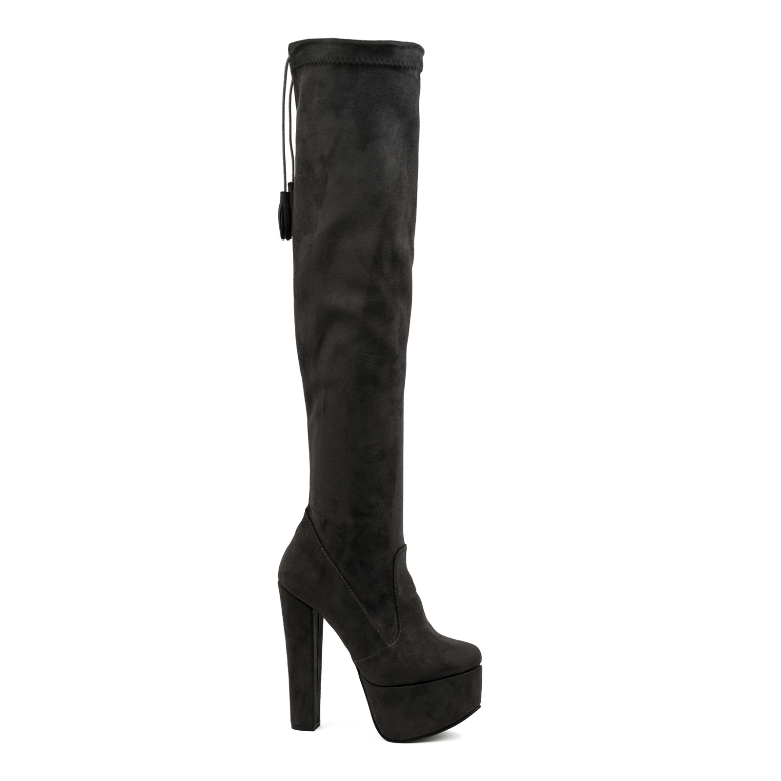 VELOUR THIGH - HIGH BOOTS WITH PLATFORM AND BLOCK HEEL - GRAY