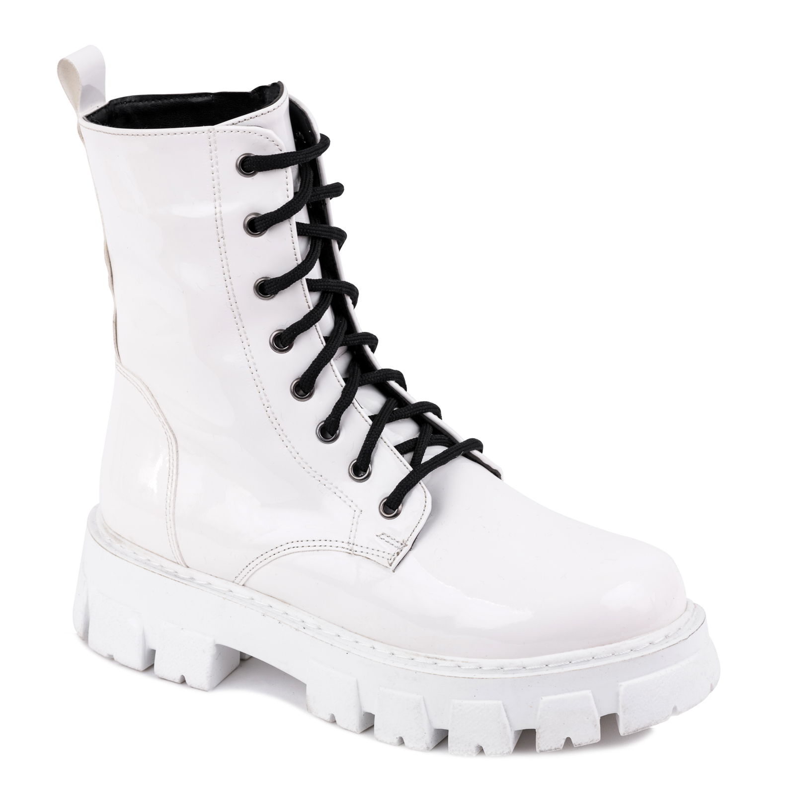 PATENT MARTIN BOOTS WITH BLACK LACES - WHITE