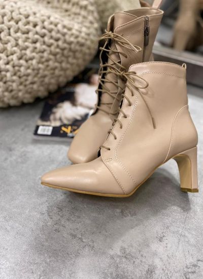 LACE UP ANKLE BOOTS WITH BLOCK HEEL - BEIGE