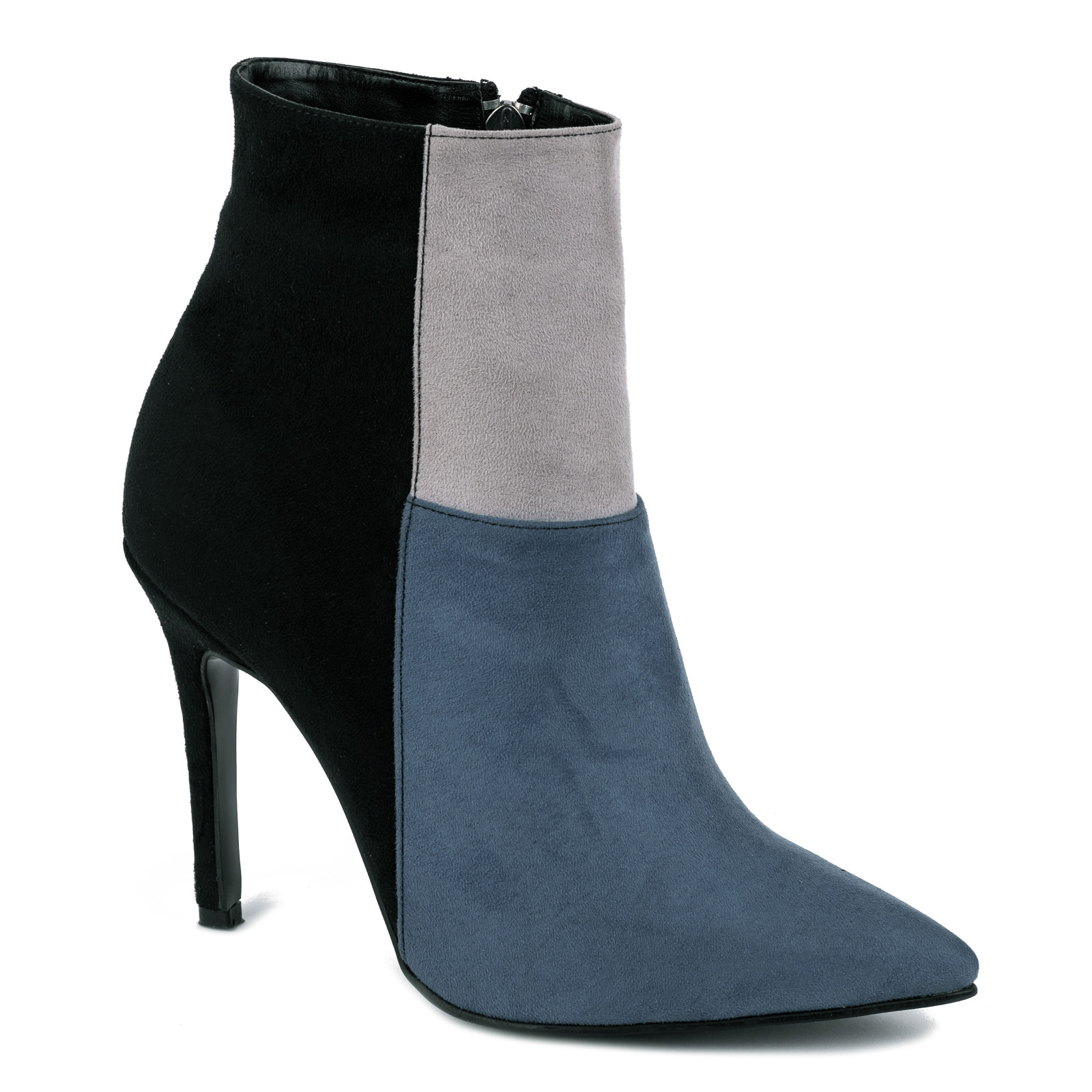 VELOUR POINTED ANKLE BOOTS WITH THIN HEEL - BLACK/GRAY/BLUE