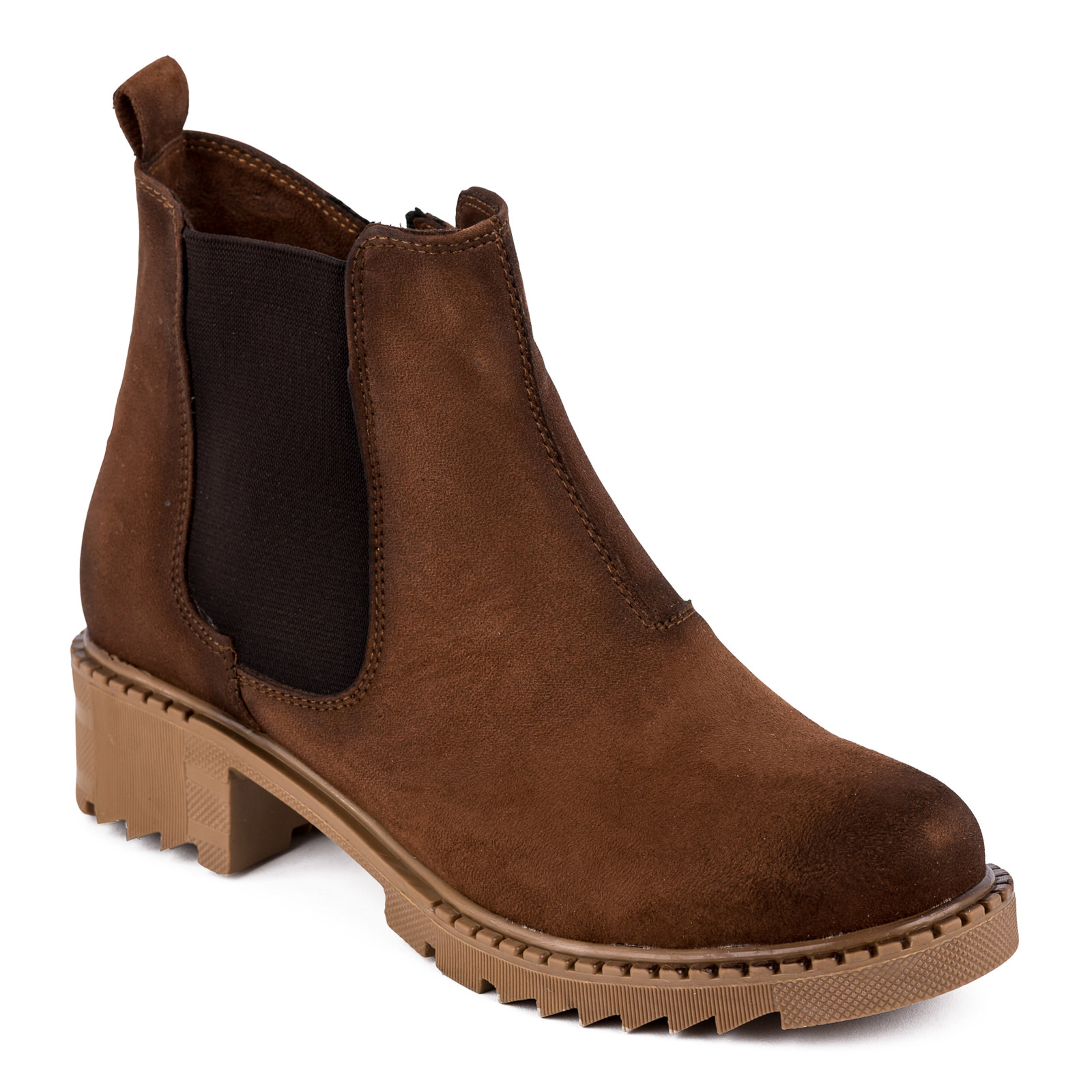 VELOUR FLAT ANKLE BOOTS WITH RUBBER - CAMEL