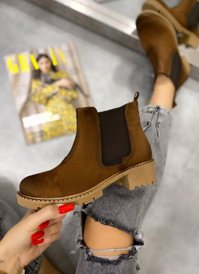 VELOUR FLAT ANKLE BOOTS WITH RUBBER - CAMEL