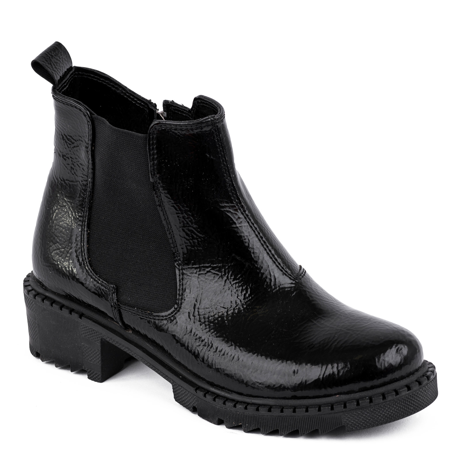 PATENT FLAT ANKLE BOOTS WITH RUBBER - BLACK