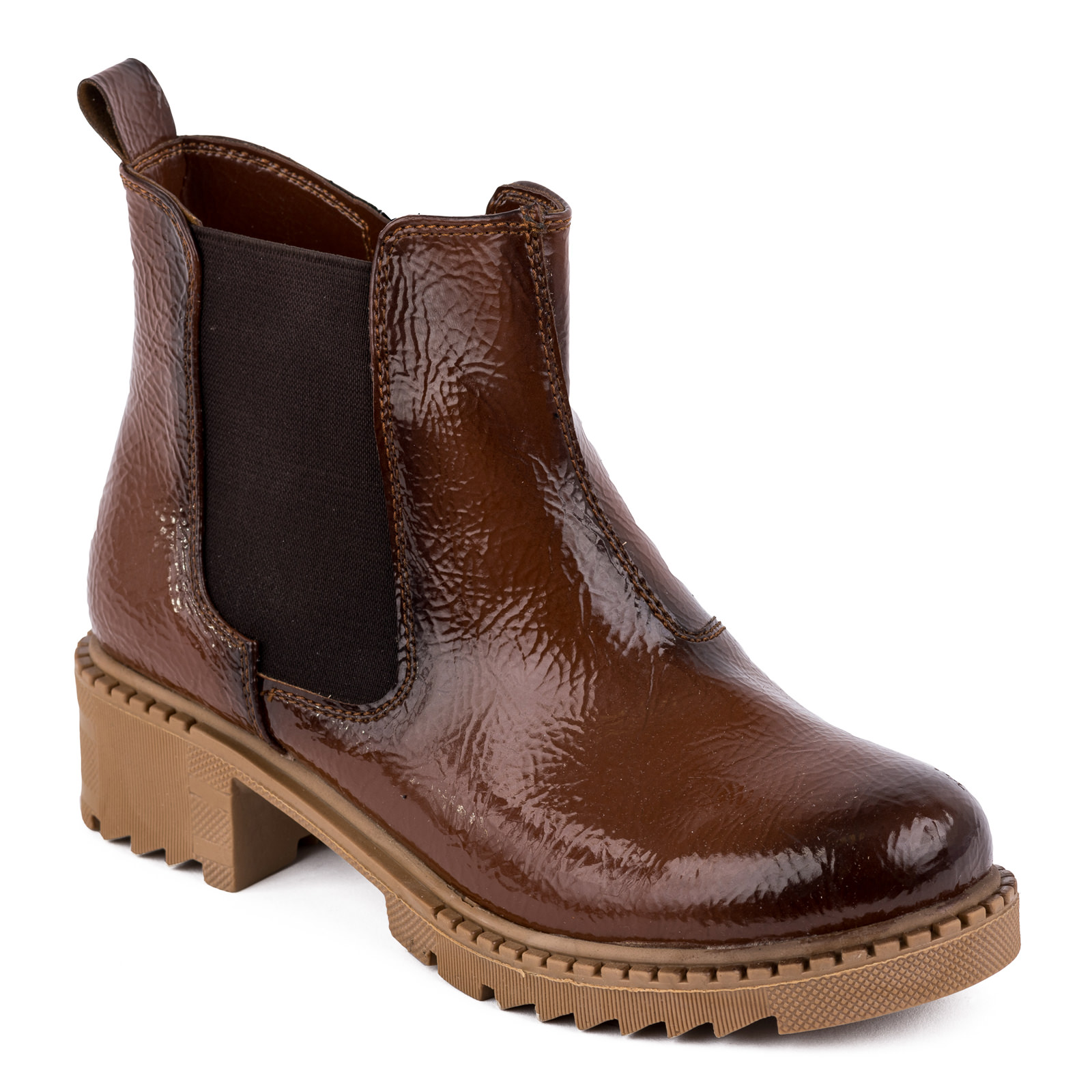 PATENT ANKLE BOOTS WITH RUBBER - CAMEL