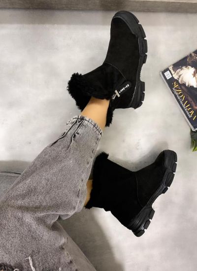 VELOUR SNOW BOOTS WITH FUR AND ZIPPER - BLACK