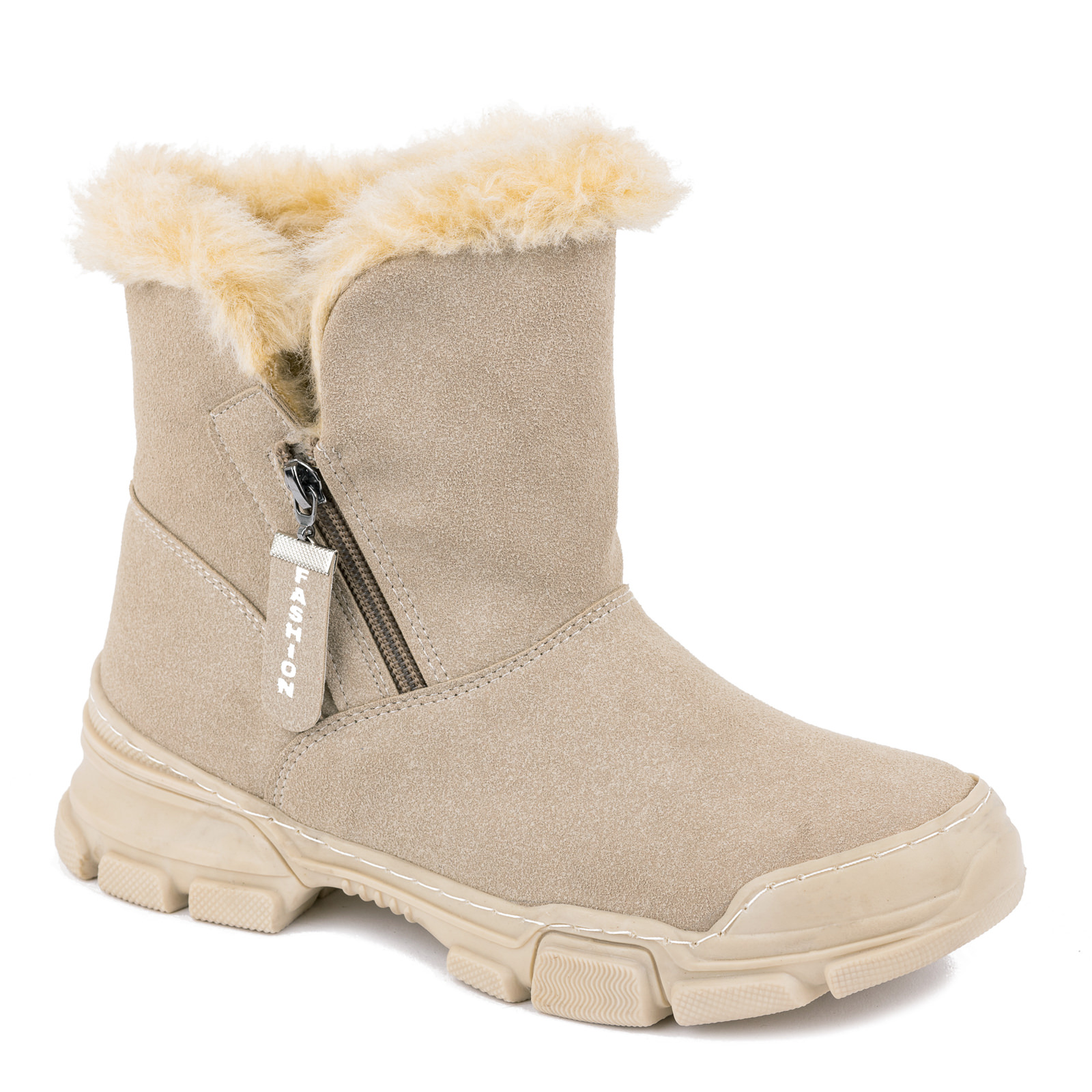 VELOUR SNOW BOOTS WITH FUR AND ZIPPER - BEIGE