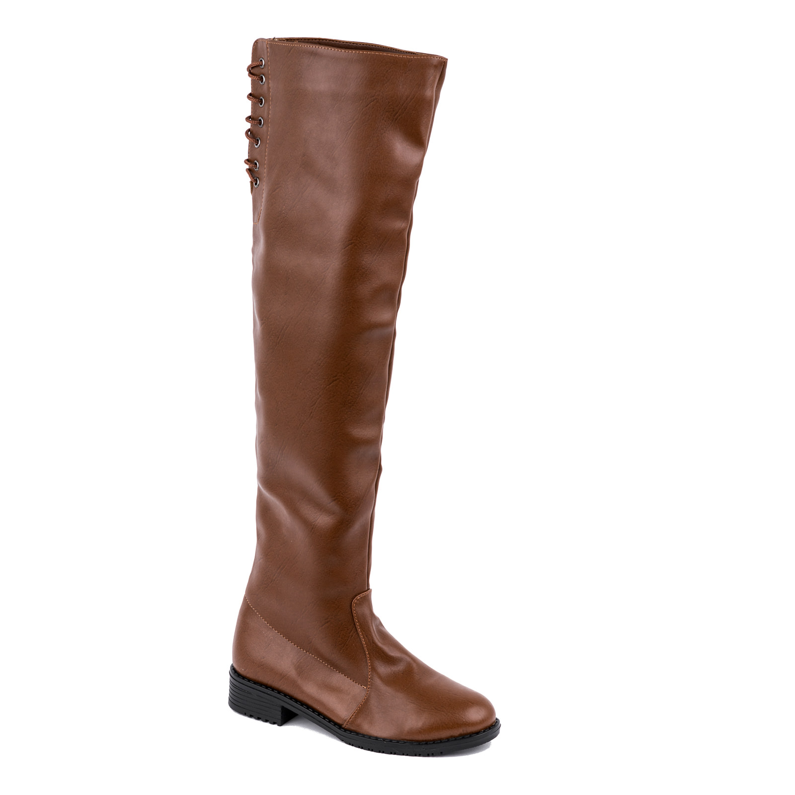 FLAT KNEE HIGH BOOTS WITH LACES - CAMEL