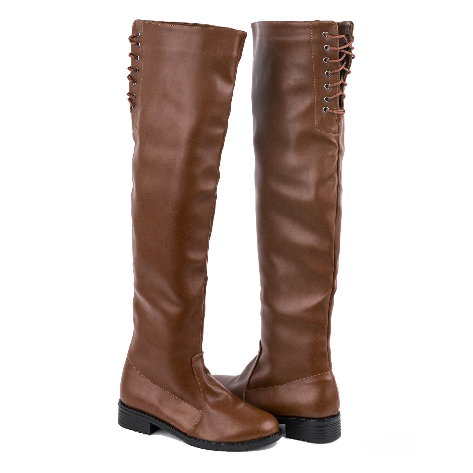 FLAT KNEE HIGH BOOTS WITH LACES - CAMEL