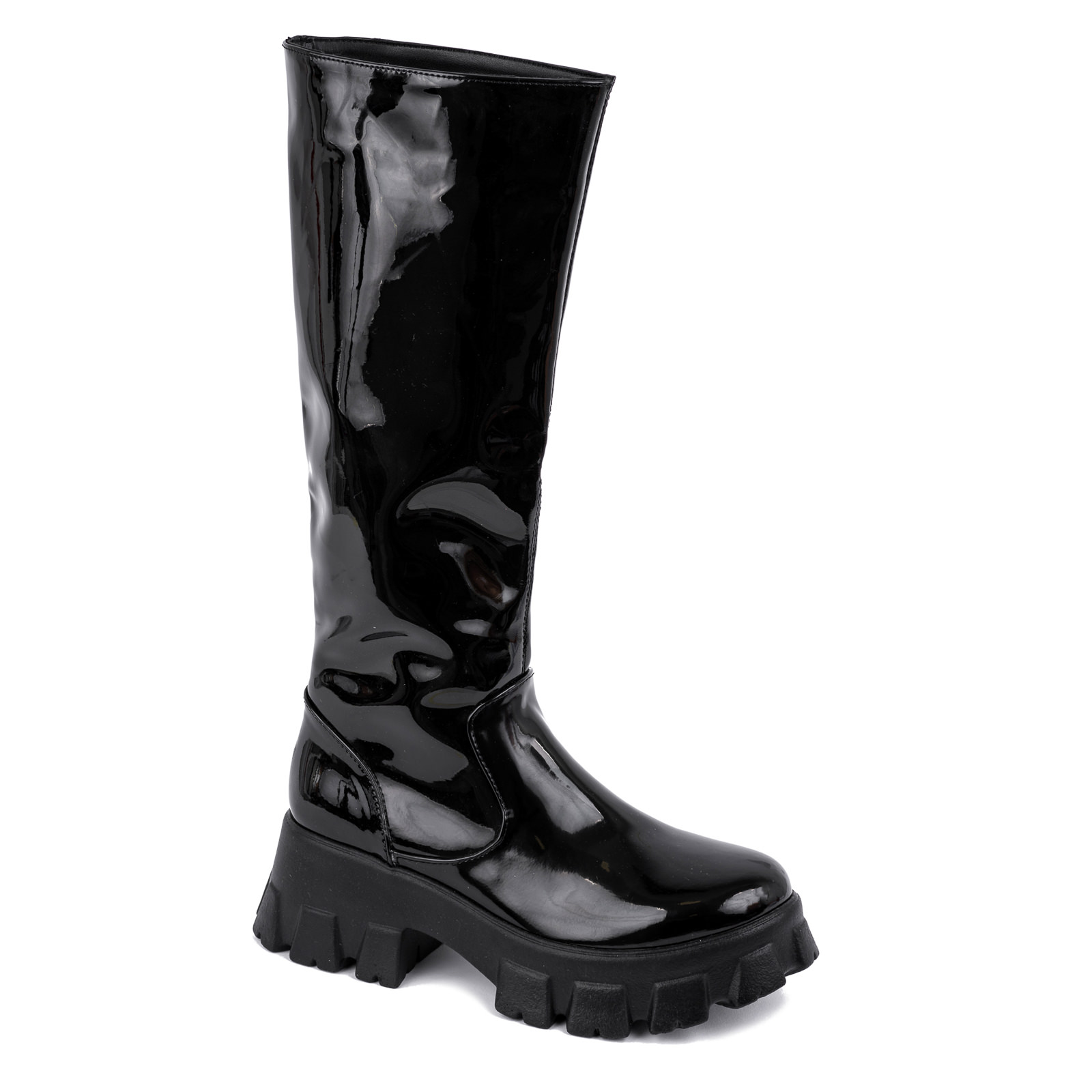 PATENT HIGH BOOTS WITH SPORT SOLE - BLACK