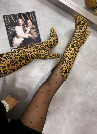 LEOPARD PRINT POINTED  KNEE HIGH BOOTS WITH BLOCK HEEL 