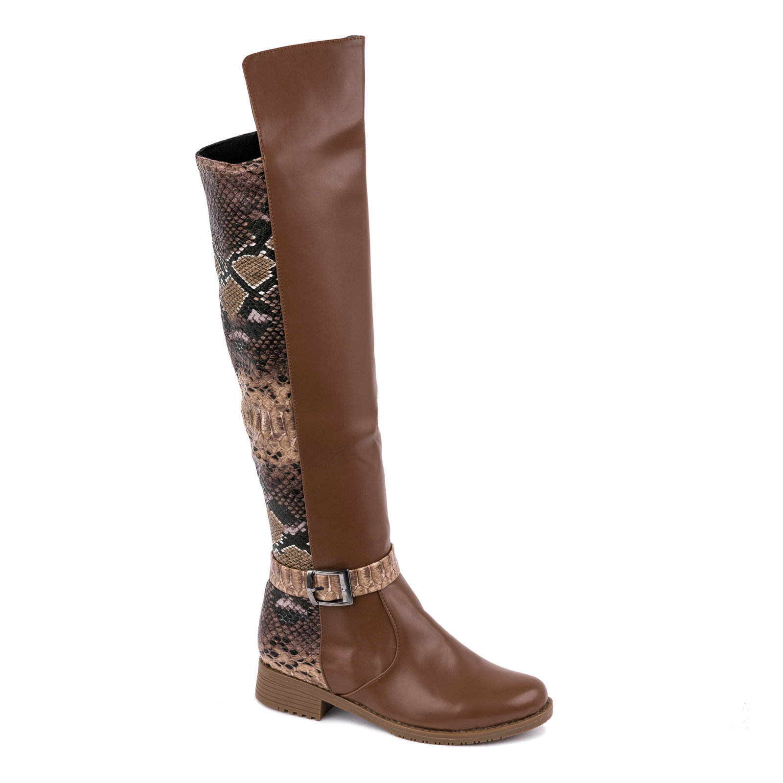 SNAKE PRINT HIGH BOOTS WITH BELTS - CAMEL