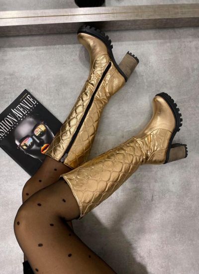 SAW HIGH BOOTS WITH BLOCK HEEL - CHAMPAGNE