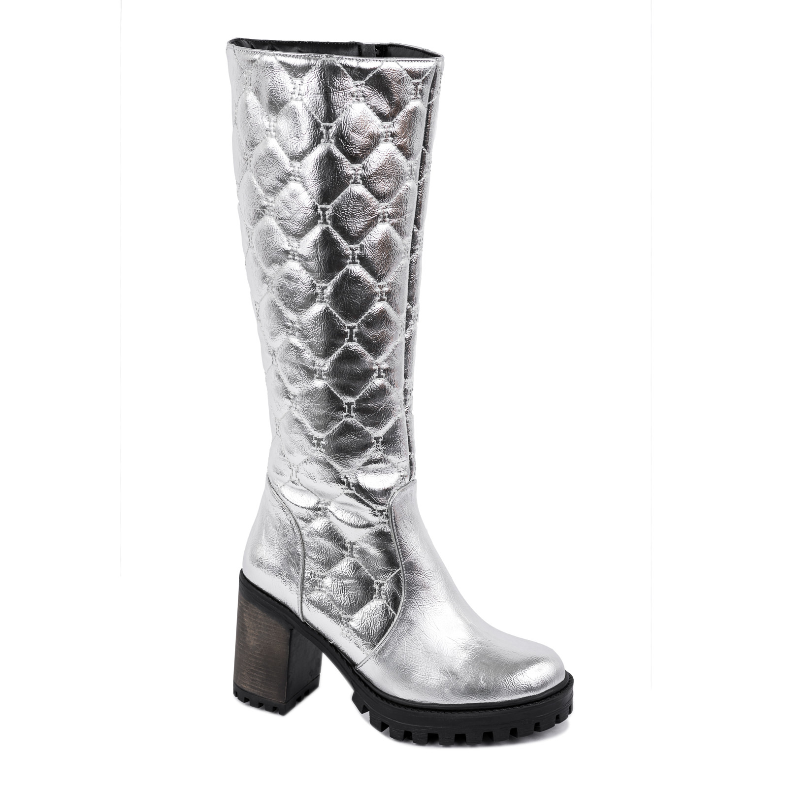SAW HIGH BOOTS WITH BLOCK HEEL - SILVER