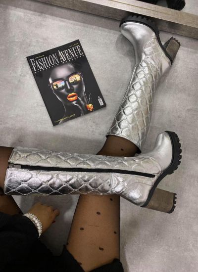 SAW HIGH BOOTS WITH BLOCK HEEL - SILVER