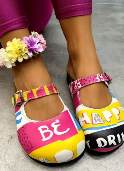Damenklompen mit Muster BE HAPPY - PINK