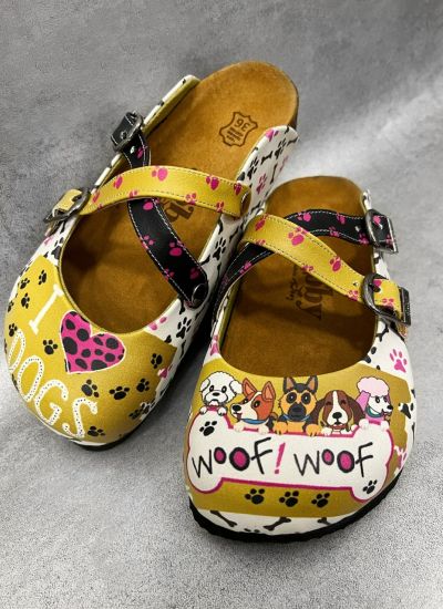 Patterned women clogs A084 - DOG - YELLOW