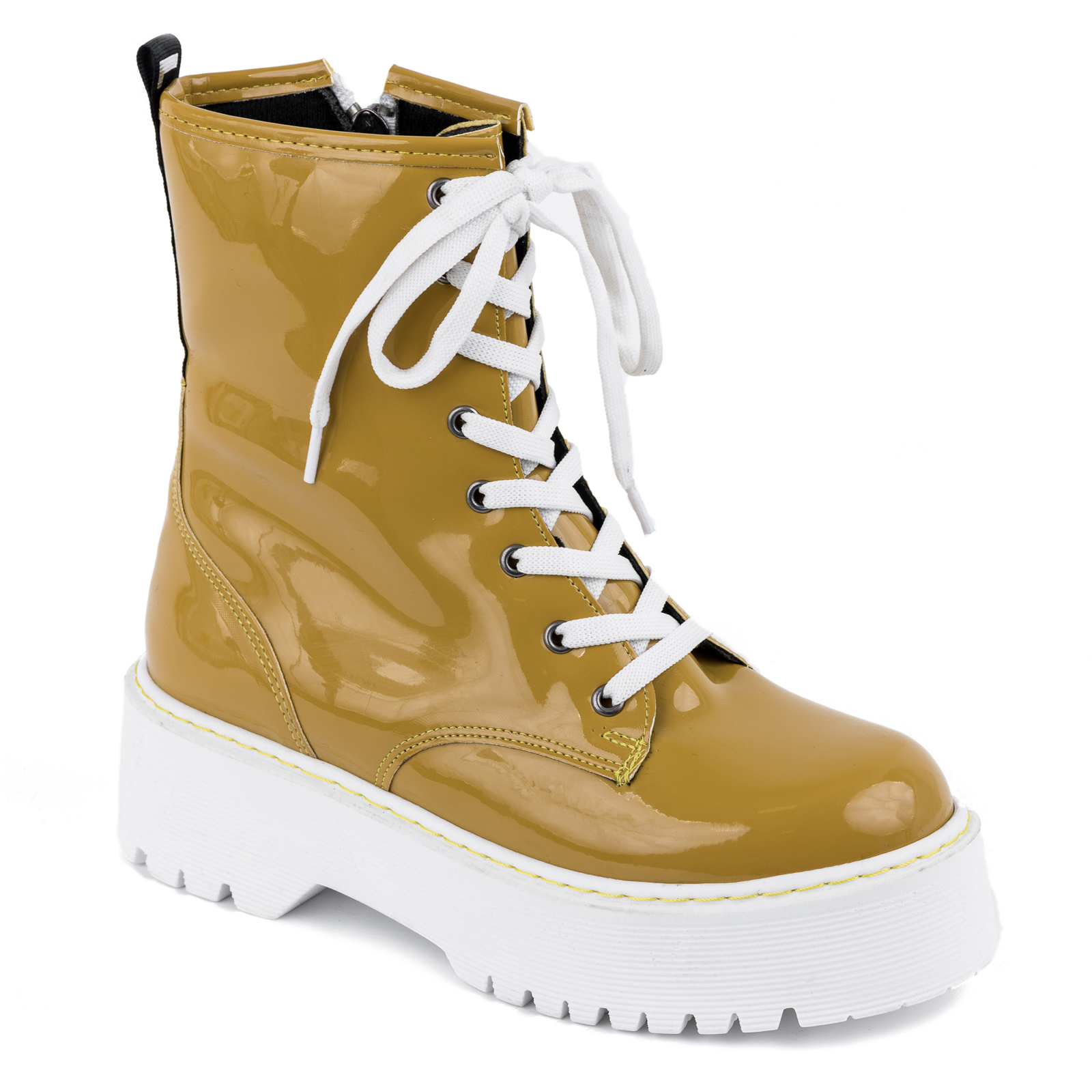 PATENT MARTIN BOOTS WITH WHITE SOLE - OCHRE 