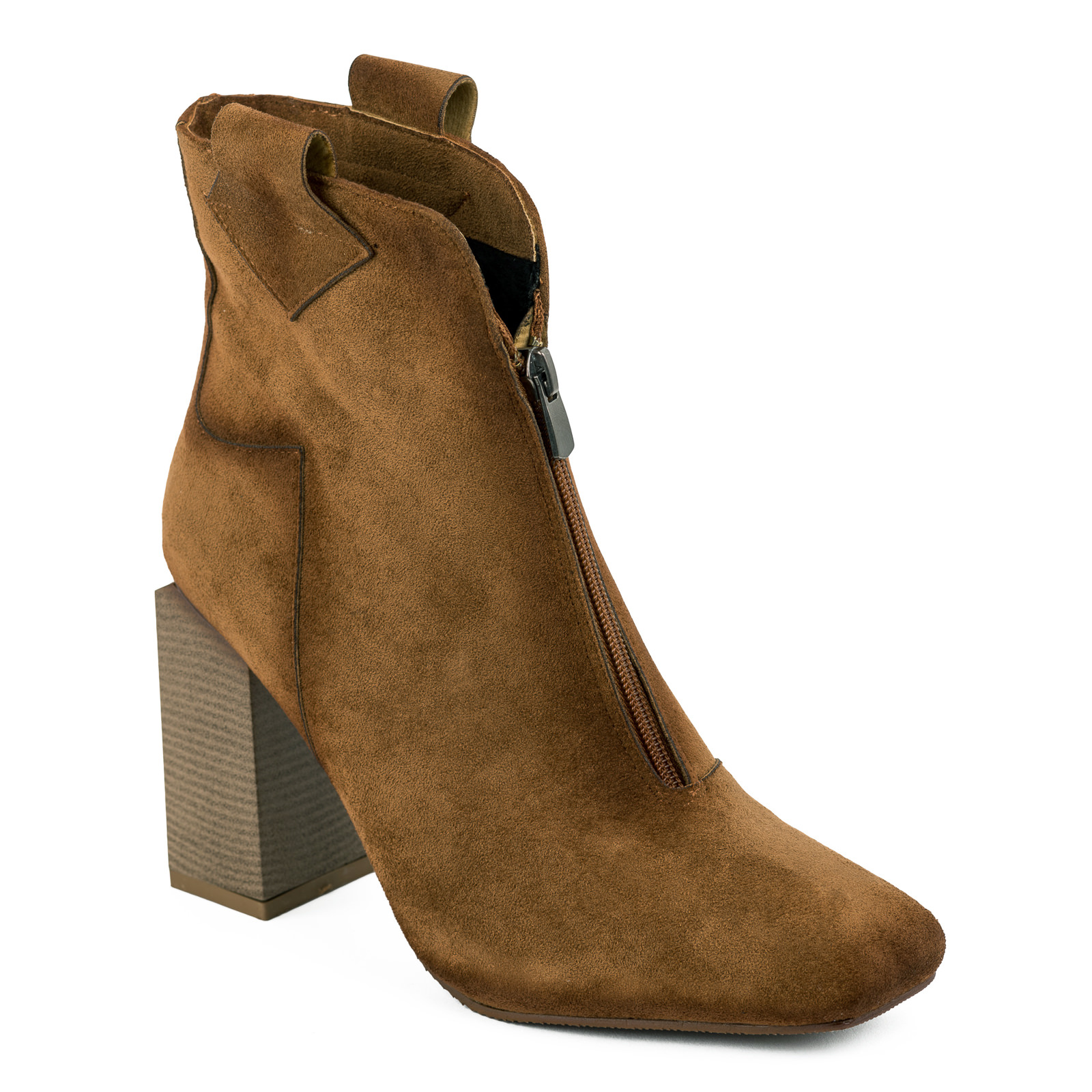 VELOUR ANKLE BOOTS WITH BLOCK HEEL AND ZIPPER - CAMEL
